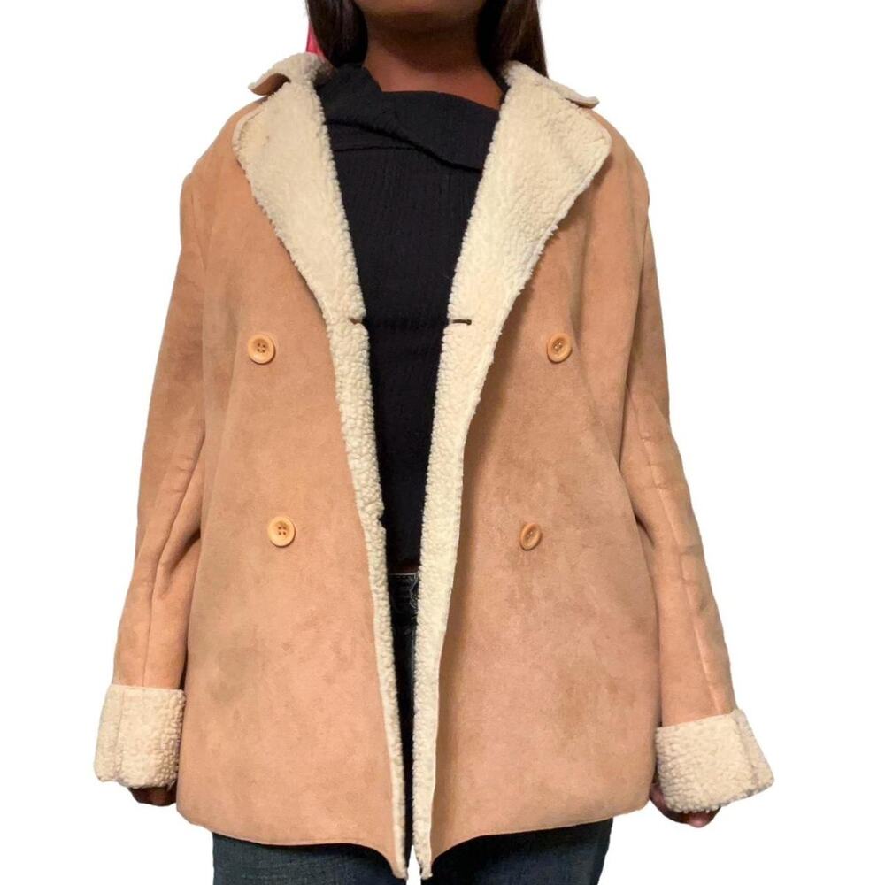Tan Faux Fur Pea Coat with Fleece Lining, XL